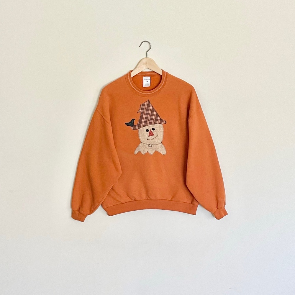 Vintage 90s Scarecrow Patchwork Harvest Orange Sweatshirt Adult size Large